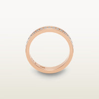 An 18k rose gold eternity band featuring round brilliant diamonds in a sleek channel setting, engraved with “SULA 18K” on the inside.
