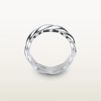 A sculptural 18k white gold band with a shea-shell, robe-like form and scalloped interior, engraved with “SULA 18K” on the inside.