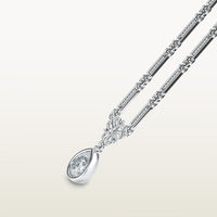 A delicate 18k white gold necklace  with elongated textured links, an ornate vintage-style bail, and a bezel-set pear-shaped diamond pendant.