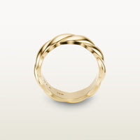 A sculptural 18k yellow gold band with a shea-shell, robe-like form and scalloped interior, engraved with “SULA 18K” on the inside.