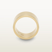 A bold, cigar band-style ring in 18k yellow gold with a wide, flat-edge profile and minimalist silhouette, engraved with “SULA 18K” on the inside.